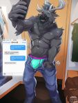  anthro antlers briefs bulge capreoline cervid changing chat clothed clothing diddydoo fur hi_res horn inside jeans male mammal mirror muscular muscular_male pants pecs phone reindeer selfie solo text topless underwear 