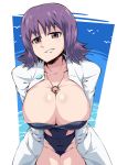  1girl blue_swimsuit breasts brown_eyes collarbone covered_navel cowboy_shot creatures_(company) eyebrows_visible_through_hair game_freak groin hands_in_pockets highleg highleg_swimsuit highres jewelry labcoat large_breasts legs_together long_sleeves looking_at_viewer necklace nintendo pocket pokemon purple_hair short_hair smile solo strapless strapless_swimsuit suzusiigasuki swimsuit uchikido_(pokemon) water 