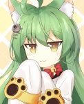  1girl :3 ahoge akashi_(azur_lane) animal_ears azur_lane bangs bell bow bowtie cat_ears closed_mouth eyebrows_visible_through_hair green_hair hair_ornament highres jacket jingle_bell jitome long_hair looking_at_viewer neck_bell paw_print red_bow ridyuu sleeves_past_fingers sleeves_past_wrists solo white_jacket yellow_eyes 