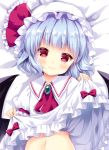  1girl bat_wings bed_sheet blue_hair blush brooch commentary_request dakimakura dress dress_lift eyebrows_visible_through_hair frown hat irori jewelry looking_at_viewer lying medium_hair mob_cap navel on_back out-of-frame_censoring puffy_short_sleeves puffy_sleeves red_eyes remilia_scarlet scot short_sleeves solo touhou upper_body white_dress wings 