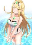  1girl absurdres blonde_hair blush breasts choker cleavage closed_mouth collarbone earrings eyebrows_visible_through_hair highres hikari_(xenoblade_2) jewelry leg_garter long_hair looking_at_viewer medium_breasts nintendo ojun one-piece_swimsuit partially_submerged smile solo standing striped swimsuit tiara vertical-striped_swimsuit vertical_stripes water white_choker white_swimsuit xenoblade_(series) xenoblade_2 yellow_eyes 
