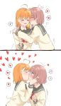  !? 2girls 2koma ^_^ ahoge bangs blue_eyes blush bow bowtie brown_hair closed_eyes comic eyes_closed flying_sweatdrops frown hair_bow hand_in_another&#039;s_hair hand_on_another&#039;s_cheek hand_on_another&#039;s_face hands_up heart heart_ahoge highres hug kiss long_sleeves love_live! love_live!_sunshine!! minori_748 multiple_girls musical_note orange_hair red_neckwear school_uniform serafuku short_hair spoken_heart spoken_interrobang spoken_musical_note sweatdrop takami_chika upper_body uranohoshi_school_uniform watanabe_you yellow_bow yuri 