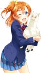  1girl ;d alpaca animal blue_eyes blue_jacket blue_skirt bow bowtie cowboy_shot hair_between_eyes hair_bow holding holding_animal jacket kousaka_honoka long_sleeves love_live! love_live!_school_idol_project medium_hair miniskirt one_eye_closed open_mouth orange_hair plaid plaid_skirt pleated_skirt red_bow red_neckwear school_uniform shiny shiny_hair side_ponytail simple_background skirt smile solo striped striped_bow striped_neckwear vorupi white_background yellow_bow 