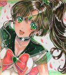  1girl :d asymmetrical_bangs bangs bare_arms bishoujo_senshi_sailor_moon blush bow bowtie breasts brown_hair choker cleavage collarbone dutch_angle earrings emerald_(gemstone) emerald_(stone) eyebrows_visible_through_hair female floating_hair gem green_choker green_eyes green_sailor_collar happy hatigatunoneko heart highres inner_senshi jewelry kino_makoto long_hair looking_at_viewer magical_girl medium_breasts necklace open_mouth petals pink_bow sailor_collar sailor_jupiter sailor_senshi_uniform see-through shiny shiny_hair shiny_skin shirt sleeveless sleeveless_shirt smile solo sparkle star star_necklace super_sailor_jupiter tiara upper_body white_shirt 