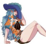  bent_knees big_hat blue_hair earring earrings female hand_on_hat hat jewelry legs legs_crossed light_background long_hair millorart nefertari_vivi one_piece piercing simple_background sitting sitting_on_floor solo thick_thighs thighs twitter wavy_hair white_background 