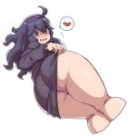  1girl :d ahoge al_bhed_eyes ass bangs bare_legs blush commentary_request creatures_(company) cropped_legs dress dress_lift frilled_sleeves frills from_behind game_freak hairband heart hex_maniac_(pokemon) huge_ass kurozu_(crozu) legs long_hair long_sleeves looking_at_viewer messy_hair nintendo npc_trainer open_mouth pokemon pokemon_(game) pokemon_xy purple_dress purple_eyes purple_hair purple_hairband skirt skirt_lift smile solo spoken_heart sweatdrop thick_thighs thighs wavy_hair white_background wide_hips 