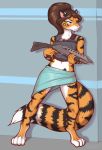  2019 alex_marx alexthecatte anthro armor body_armor clothed clothing colored_sketch digital_media_(artwork) fangs felid feline female hair hi_res mammal pantherine paws range_weapon reaper3d simple_background sketch solo stripes tiger weapon 