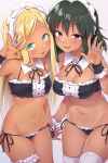  2girls absurdres aqua_eyes bangs bikini black_hair blonde_hair blush breasts collar commentary_request cowboy_shot dark_skin detached_collar half-closed_eyes hand_up highres idolmaster idolmaster_cinderella_girls large_breasts layla_(idolmaster) leg_garter long_hair looking_at_viewer lowleg lowleg_bikini maid_bikini maid_headdress medium_hair mio_(mgr300) multiple_girls natalia_(idolmaster) navel neck_ribbon open_palm purple_eyes ribbon side-tie_bikini simple_background small_breasts smirk strapless swimsuit thighhighs tubetop waving white_background white_collar white_legwear wing_collar wrist_cuffs 