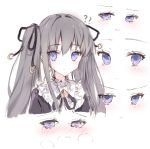  1girl ?? arcaea bangs black_ribbon black_shirt blush character_request closed_mouth commentary cropped_torso crying crying_with_eyes_open eyebrows_visible_through_hair grey_hair hair_between_eyes hair_ribbon highres long_hair multiple_views nose_blush parted_lips purple_eyes ribbon shirt smile sweat tandohark tears twintails upper_body v-shaped_eyebrows wavy_mouth white_background 