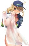  ahoge artoria_pendragon_(all) bangs baseball_cap blonde_hair blue_eyes blue_headwear bottomless breasts cleavage commentary_request covered_mouth covering cowboy_shot erect_nipples eyebrows_visible_through_hair fate/grand_order fate_(series) grin hair_between_eyes hair_through_headwear hat highres large_breasts mysterious_heroine_xx_(foreigner) naked_towel nipples nude_cover shrug_(clothing) smile thigh_strap tokiwa_midori_(kyokutou_funamushi) towel white_background 