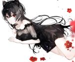  animal_ears black_hair breasts cleavage cropped dress flowers long_hair naru_(ul) original red_eyes see_through waifu2x water 