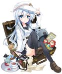  1girl belt black_legwear black_sailor_collar black_skirt blue_eyes camera commentary_request cup flat_cap full_body hammer_and_sickle hat hibiki_(kantai_collection) highres hizuki_yayoi jam jar kantai_collection long_hair long_sleeves looking_at_viewer map_(object) matryoshka_doll photo_(object) pleated_skirt remodel_(kantai_collection) sailor_collar saucer school_uniform serafuku silver_hair simple_background skirt smile solo suitcase teacup thighhighs verniy_(kantai_collection) white_background white_headwear 