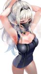  1girl ak-12_(girls_frontline) armpits arms_up bangs bare_arms bare_shoulders black_dress blue_eyes blush breasts breath cleavage commentary_request covered_navel cowboy_shot dress eyebrows_visible_through_hair girls_frontline grey_panties hair_between_eyes hairband highres large_breasts long_hair long_ponytail mask microdress mirei panties sidelocks silver_hair simple_background sleeveless sleeveless_dress solo standing sweat thighs tying_hair underwear white_background 