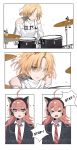  &gt;_&lt; ... 2girls ahoge bang_dream! bangs black_jacket blazer blonde_hair blue_eyes cat_ear_headphones chest_belt chu2_(bang_dream!) collared_shirt comic detached_sleeves drum drum_set drumsticks english_text headphones highres instrument jacket kongya long_hair long_sleeves masking_(bang_dream!) multiple_girls music necktie no_eyes playing_instrument red_hair red_neckwear shirt short_hair smile sweat sweatdrop v-shaped_eyebrows white_shirt yellow_eyes 