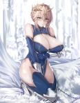  1girl artoria_pendragon_(all) artoria_pendragon_(lancer) bangs bare_shoulders blue_gloves blue_legwear blue_leotard blush braid breasts cleavage closed_mouth crown fate/grand_order fate_(series) french_braid gloves green_eyes hair_between_eyes highres kneeling large_breasts leotard long_hair looking_at_viewer misako12003 sidelocks solo thighs 