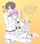  2boys :3 animal_ears black_hair dog_ears dog_tail dogboy eyes_closed fate/grand_order fate_(series) fergus_mac_roich_(young)_(fate/grand_order) fujimaru_ritsuka_(male) gloves housengo male_focus multiple_boys pink_hair purple_hair smile tail tongue tongue_out 