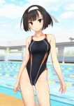  1girl absurdres akizuki_(kantai_collection) black_eyes black_hair black_swimsuit blue_sky cloud collarbone commentary_request competition_swimsuit contrapposto cowboy_shot day gluteal_fold groin hairband highres kantai_collection looking_at_viewer one-piece_swimsuit outdoors parted_lips pool short_hair sky solo standing swimsuit takafumi white_hairband 