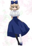  1girl bangs blonde_hair blue_bow blue_eyes blue_footwear blue_skirt blush_stickers bow collared_shirt commentary dutch_angle eyebrows_visible_through_hair fang floral_background formal frown full_body girls_und_panzer hair_bow high-waist_skirt katyusha looking_at_viewer mary_janes medium_skirt nao_(nao_puku777) open_mouth pantyhose puffy_short_sleeves puffy_sleeves shirt shoes short_hair short_sleeves skin_fang skirt skirt_hold solo standing white_background white_legwear white_shirt 