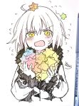  1girl ahoge bangs blush eyebrows_visible_through_hair fate/grand_order fate_(series) flying_sweatdrops fur-trimmed_jacket fur-trimmed_sleeves fur_trim hair_between_eyes holding jacket jeanne_d&#039;arc_(alter)_(fate) jeanne_d&#039;arc_(fate)_(all) long_sleeves looking_at_viewer on_head open_mouth photo saint_quartz sofra solo sweat too_many traditional_media upper_body v-shaped_eyebrows white_hair wicked_dragon_witch_ver._shinjuku_1999 yellow_eyes 