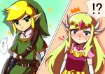  !? 1boy 1girl blonde_hair blush commentary_request dress earrings frown green_eyes green_headwear green_shirt hair_ornament highres jewelry kuroi_paseri link long_hair nintendo pink_dress pointy_ears princess_zelda shirt sidelocks sparkle sweatdrop the_legend_of_zelda the_legend_of_zelda:_the_wind_waker thought_bubble translation_request 