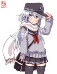  1girl :o adjusting_clothes adjusting_hat artist_logo bag black_headwear black_legwear black_skirt blue_eyes blue_sailor_collar blush commentary_request cowboy_shot dated eyebrows_visible_through_hair flat_cap grey_cardigan hair_between_eyes hat hibiki_(kantai_collection) highres kanon_(kurogane_knights) kantai_collection long_hair long_sleeves looking_at_viewer neckerchief pleated_skirt red_neckwear revision sailor_collar scarf school_bag school_uniform serafuku shoulder_bag signature silver_hair simple_background skirt solo standing thighhighs white_background white_hair white_scarf zettai_ryouiki 