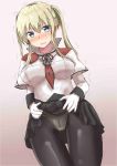  1girl black_legwear black_skirt blonde_hair blue_eyes blush breasts capelet chan_(akuty_ikkot) commentary_request cowboy_shot cross gloves gradient gradient_background graf_zeppelin_(kantai_collection) hair_between_eyes highres iron_cross kantai_collection large_breasts lifted_by_self looking_at_viewer military military_uniform miniskirt necktie panties panties_under_pantyhose pantyhose pleated_skirt red_background sidelocks skirt skirt_lift solo standing trembling twintails underwear uniform white_gloves white_panties 