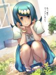  1girl blue_eyes blue_hair blue_panties bracelet creatures_(company) day e_keroron freckles full_body game_freak jewelry looking_at_viewer medium_hair nintendo outdoors panties pantyshot pantyshot_(squatting) pokemon pokemon_(anime) pokemon_sm_(anime) sandals short_sleeves smile solo squatting suiren&#039;s_mother_(pokemon) underwear 