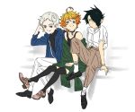  1girl 2boys ahoge black_eyes black_footwear black_hair black_legwear blue_eyes choker closed_mouth collarbone emma_(yakusoku_no_neverland) footwear_removed green_eyes green_scarf hair_over_one_eye leaning_to_the_side leg_up long_sleeves looking_at_viewer looking_to_the_side multiple_boys neck_tattoo norman_(yakusoku_no_neverland) number_tattoo orange_hair pants pink_footwear pullover ray_(yakusoku_no_neverland) scarf shirt shoelaces shoes short_hair simple_background sitting sketch smile tattoo thighhighs tlieilt_625p watch white_background white_hair white_pants white_shirt yakusoku_no_neverland 