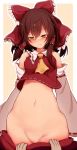  1girl ascot bangs bare_shoulders beige_background blush border bow breasts brown_eyes brown_hair commentary_request cowboy_shot crop_top detached_sleeves eyebrows_visible_through_hair frilled_bow frilled_shirt_collar frills groin hagure_kedama hair_between_eyes hair_bow hair_tubes hakurei_reimu highres long_hair long_sleeves looking_at_viewer navel outline outside_border pulled_by_another red_bow red_skirt ribbon-trimmed_collar ribbon-trimmed_sleeves ribbon_trim sidelocks simple_background skirt skirt_pull skirt_set sleeves_past_fingers sleeves_past_wrists small_breasts solo_focus standing stomach sweat touhou white_border white_outline wide_sleeves yellow_neckwear 