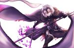  &gt;:) 1girl absurdres ahoge armor armored_dress bangs black_legwear cape chains commentary_request fate/grand_order fate_(series) fifty1202 fire flag fur-trimmed_cape fur_collar fur_trim gauntlets headpiece highres holding holding_sword holding_weapon jeanne_d&#039;arc_(alter)_(fate) jeanne_d&#039;arc_(fate)_(all) purple_fire scabbard sheath short_hair silver_hair simple_background solo sword thighhighs tsurime weapon white_background yellow_eyes 