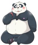  2019 anthro balls belly big_balls black_fur blush fur giant_panda humanoid_hands male mammal moobs navel nipples overweight overweight_male penis phone simple_background sitting solo ursid wantaro white_background 