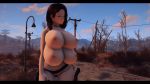  brown_eyes brown_hair eclipcey extra_breasts fallout_4 gun highres nipple_piercing piercing solo thong weapon 