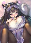  1girl animal_ear_fluff animal_ears arashio_(azur_lane) azur_lane bangs bell black_hair black_legwear blue_skirt blush bow breasts cat_ears cat_girl cat_tail cleavage commentary_request danbo_(rock_clime) eyebrows_visible_through_hair hair_bow hands_on_own_chest heart huge_breasts jingle_bell long_hair lying nose_blush on_back open_mouth pantyhose purple_bow purple_eyes saliva saliva_trail skirt solo spread_legs tail thighband_pantyhose 