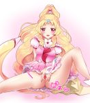  1girl blonde_hair blush clitoris cure_tomorrow hugtto!_precure looking_at_viewer magical_girl mikorin open_mouth pink_eyes precure pussy simple_background spread_legs spread_pussy thick_thighs thighs uncensored 