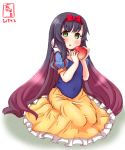  1girl alternate_costume apple artist_logo black_hair blush bow collarbone cosplay dated dress eyebrows_visible_through_hair food frilled_dress frills fruit full_body gradient_hair green_eyes hair_between_eyes hair_bow highres kanon_(kurogane_knights) kantai_collection long_hair looking_at_viewer matsuwa_(kantai_collection) multicolored_hair puffy_sleeves purple_hair revision short_sleeves signature simple_background smile snow_white_(disney) snow_white_(disney)_(cosplay) snow_white_and_the_seven_dwarfs solo white_background 