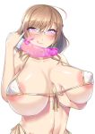  1girl 8000 areolae bangs bikini breast_hold breasts censored dildo eyebrows_visible_through_hair huge_breasts light_brown_hair looking_at_viewer medium_hair micro_bikini purple_eyes simple_background solo standing stomach swimsuit tongue white_background 
