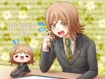  1boy :d androgynous brown_eyes brown_hair character_doll danganronpa danganronpa_3 green_background green_neckwear grey_jacket happy_birthday holding holding_pen jacket long_sleeves male_focus mitarai_ryouta mouse_(computer) necktie open_mouth pen short_hair sitting smile solo striped striped_background yumaru_(marumarumaru) 