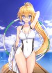  1girl :d aircraft airplane arm_up armpits bare_arms bare_shoulders black-framed_eyewear blonde_hair blue_eyes blue_sky breasts cleavage cloud cloudy_sky collarbone commentary_request competition_swimsuit condensation_trail covered_navel cowboy_shot cuna_(qunya) day fate/grand_order fate_(series) glasses glint groin highres hoop horizon jeanne_d&#039;arc_(fate)_(all) jeanne_d&#039;arc_(swimsuit_archer) lens_flare light_rays long_hair long_sleeves looking_at_viewer medium_breasts ocean one-piece_swimsuit open_mouth outdoors pier ponytail shirt shirt_removed sky smile solo standing sunbeam sunlight swimsuit thighs very_long_hair water wet whistle white_shirt white_swimsuit 