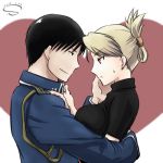  1boy 1girl 2013 black_hair black_shirt blonde_hair blue_jacket breasts brown_eyes couple dated from_side fullmetal_alchemist heart jacket long_sleeves lowres medium_breasts military_jacket profile riza_hawkeye roy_mustang s_(s_r2) shiny shiny_hair shirt short_sleeves smile sweatdrop tied_hair turtleneck white_background 