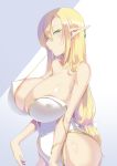  1girl 8000 areola_slip areolae ass blonde_hair breasts covered_nipples curvy elf green_eyes huge_breasts long_hair looking_at_viewer mouth_hold one-piece_swimsuit original pointy_ears shiny shiny_skin solo straight_hair swimsuit white_background white_swimsuit 
