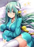  1girl aqua_hair ass bangs blush breasts cherry_blossoms collarbone commentary_request dragon_horns eyebrows_visible_through_hair fate/grand_order fate_(series) green_hair hair_between_eyes hair_ornament horns japanese_clothes kimono kiyohime_(fate/grand_order) long_hair looking_at_viewer medium_breasts sen_(astronomy) sleeves_past_wrists solo thighhighs white_legwear wide_sleeves yellow_eyes 