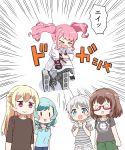  &gt;_&lt; 5girls aqua_hair bang_dream! bangs black_shirt blonde_hair blue_eyes blue_shirt blush bow braid brown_hair cinder_block clenched_hands commentary dougi emphasis_lines glasses gloves green_pants grey_shirt hair_bow half_updo hands_up hikawa_hina karate karate_gi kurokawa_makoto long_hair long_sleeves maeshima_ami maruyama_aya multiple_girls o_o pants pastel_palettes pink_hair print_shirt punching purple_eyes red-framed_eyewear red_bow seiyuu_connection semi-rimless_eyewear shirasagi_chisato shirt short_hair side_braids sidelocks single_glove skull_print smile striped striped_shirt t-shirt translated twin_braids twintails under-rim_eyewear v-shaped_eyebrows wakamiya_eve white_background white_hair yamato_maya |_| 