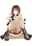  1girl ass atelier_(series) atelier_sophie bangs blush boots breasts brown_eyes brown_footwear brown_hair collarbone commentary_request eyebrows_visible_through_hair frills hair_ornament head_scarf highres jewelry kazuaki_yoshida long_sleeves looking_at_viewer necklace open_mouth panties short_hair simple_background sitting skirt smile solo sophie_neuenmuller underwear white_background wide_sleeves 