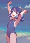  1girl armpits arms_up bare_arms beach blue_sky blue_swimsuit bow breasts cloud covered_navel cowboy_shot day eiko_carol eyebrows_visible_through_hair fang final_fantasy final_fantasy_ix green_eyes hair_bow highres horn jikan_hakushaku legs_together looking_at_viewer ocean one-piece_swimsuit open_mouth purple_hair short_hair sideboob sky small_breasts solo stretch swimsuit teeth water white_bow 