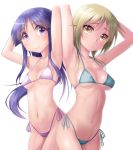  2girls armpits arms_up bangs bare_arms bare_shoulders bikini blue_bikini blush breasts brown_hair closed_mouth collarbone colored_eyelashes commentary_request eyebrows_visible_through_hair groin hair_between_eyes highleg highleg_bikini highres hinata_yukari ichii_yui long_hair medium_breasts multiple_girls navel purple_bikini purple_eyes purple_hair side-tie_bikini sidelocks simple_background smile swimsuit taka_(takahirokun) very_long_hair white_background yellow_eyes yuyushiki 