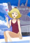  1girl blonde_hair blue_eyes breasts cloud commentary_request gacha-m gundam looking_at_viewer mecha mobile_suit_gundam one_eye_closed sayla_mass short_hair smile swimsuit 