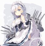  1girl azur_lane belfast_(azur_lane) black_bow black_ribbon blue_eyes blush bow braid breasts cannon chain choker commentary_request cowboy_shot dress dress_lift gloves heart long_hair looking_at_viewer maid_headdress ribbon satou_kibi silver_hair simple_background skirt skirt_lift smile solo thighhighs turret white_background white_legwear 