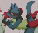  2019 anal anal_orgasm anal_penetration anthro balls bent_over black_fur blue_fur blush claws cum cum_while_penetrated fur group group_sex hi_res lucario male male/male male_penetrated mixeeeel nintendo open_mouth oral penetration penis pok&eacute;mon pok&eacute;mon_(species) red_eyes red_fur red_penis saliva saliva_string sex solo_focus spitroast threesome tongue tongue_out video_games white_fur zangoose 