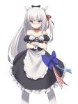  1girl :t american_flag american_flag_print animal_ear_fluff animal_ears apron azur_lane bare_shoulders black_bow black_dress black_sleeves blue_bow blush bow breasts cat_ears closed_mouth collar collarbone crossed_arms detached_sleeves dog_ears dress flag_print frilled_dress frills hair_bow hair_ribbon hairband hammann_(azur_lane) highres long_hair maid one_side_up pantyhose pout puffy_short_sleeves puffy_sleeves red_collar red_ribbon remodel_(azur_lane) ribbon short_sleeves silver_hair simple_background small_breasts solo strapless strapless_dress very_long_hair waist_apron white_apron white_background white_legwear wrist_cuffs yura_(botyurara) 