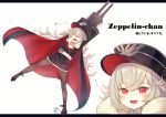  azur_lane bangs cape character_name closed_eyes commentary full_body fur-trimmed_cape fur_trim graf_zeppelin_(azur_lane) hat high_heels holding holding_weapon iron_cross letterboxed long_hair long_sleeves looking_at_viewer military_hat open_mouth pantyhose red_eyes sakurai_kouji sidelocks smile translated weapon white_hair zeppelin-chan_(azur_lane) 